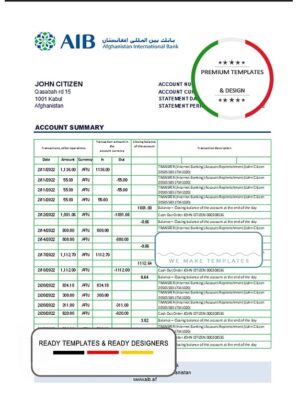 Afghanistan Aib bank statement template in Excel an PDF format