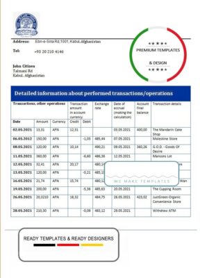 Afghanistan Da Afghanistan Bank (DAB) bank statement template in Word and PDF format