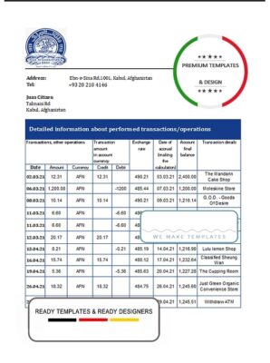 Afghanistan Da Afghanistan bank statement template in Excel an PDF format