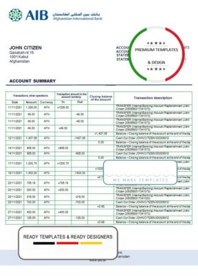 Afghanistan International Bank (AIB) bank statement template in Word and PDF format