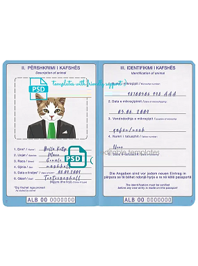 Albania cat (animal, pet) passport PSD template, completely editable