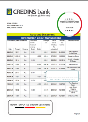 Albania Credins bank statement template in Excel and PDF formatAlbania Credins bank statement template in Excel and PDF format