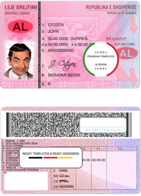 Albania driving license template in PSD format, with all fonts