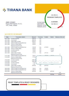 Albania Tirana bank statement template in .doc and .pdf format, fully editable