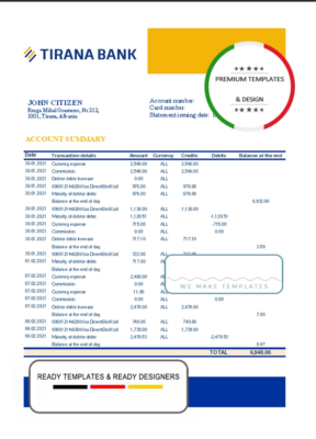 Albania Tirana bank statement template in Excel and PDF format