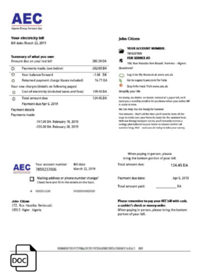 Algeria AEC Algerian Energy Company utility bill template in Word and PDF format