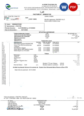 Algeria Algerie Telecom utility bill Word and PDF template