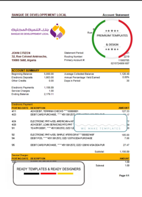 Algeria Banque De Developpement Local bank statement template in Excel and PDF format