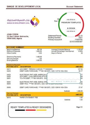 Algeria Banque de Developpement Local (BDL) bank account statement template in Word and PDF format