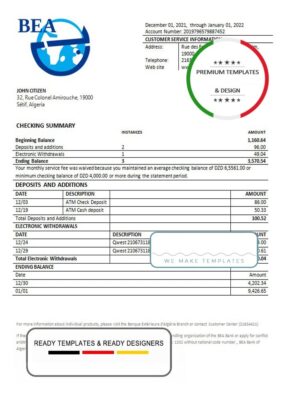 Algeria Banque extérieure d’Algérie bank statement template in Word and PDF format