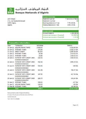 Algeria Banque nationale d’Algérie (BNA) bank statement template in Excel and PDF format