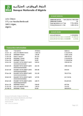 Algeria Banque nationale d’Algérie (BNA) template of bank statement, Word and PDF format (.doc and .pdf)