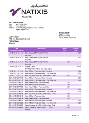 Algeria Natixis Algerie bank proof of address bank statement template in Word and PDF format