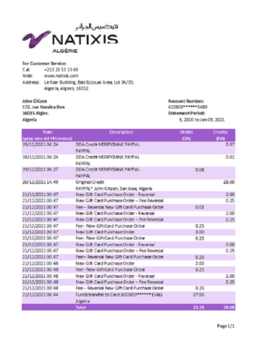 Algeria Natixis Algerie bank statement template in Excel and PDF format