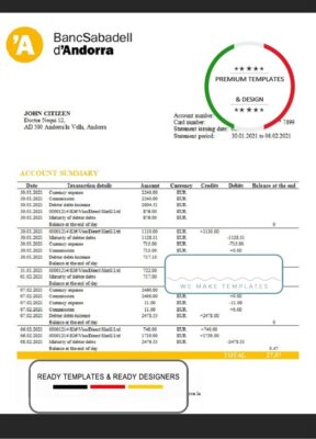 Andorra BancSabadell d’Andorra bank statement template in Word and PDF format