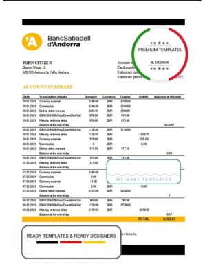 Andorra BancSabadell d’Andorra bank statement template in Excel and PDF format