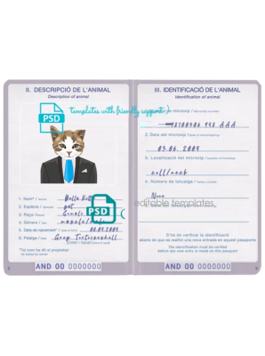 Andorra cat (animal, pet) passport PSD template, fully editable