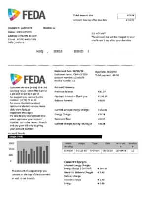 Andorra ELECTRIC FORCES OF ANDORRA utility bill template in Word and PDF format