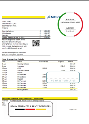 Andorra MoraBank bank statement template in Excel and PDF format