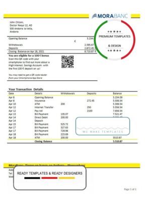 Andorra MoraBank bank statement template in Word and PDF format