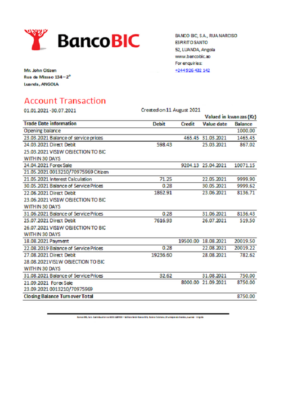 Angola Banco BIC bank statement template in Excel and PDF format