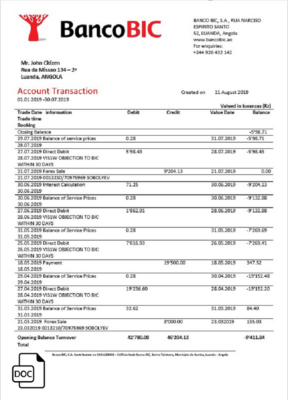 Angola Banco BIC proof of address bank statement template in Word and PDF format