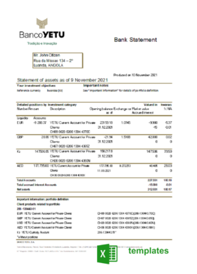 Angola Banco Yetu bank statement template in Excel and PDF format