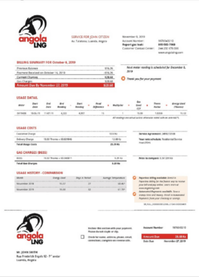 Angola LNG proof of address utility bill template in Word and PDF format