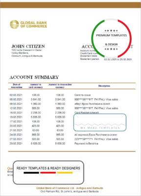 Antigua and Barbuda Global Bank of Commerce bank statement template in Excel and PDF format