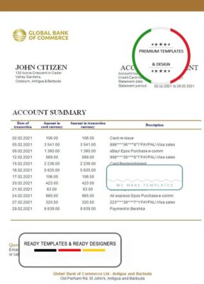 Antigua and Barbuda Global Bank of Commerce bank statement template in Word and PDF format