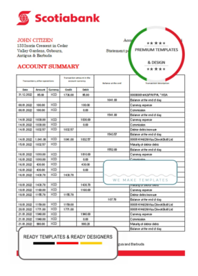 Antigua and Barbuda Scotiabank bank statement template in Excel and PDF format