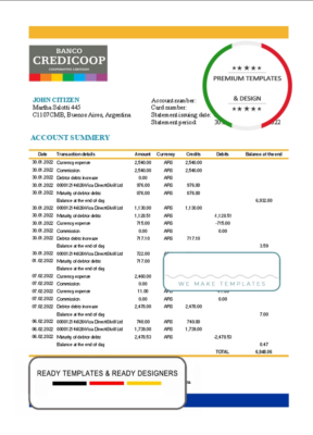 Argentina Banco Credicoop bank statement template in Excel and PDF format