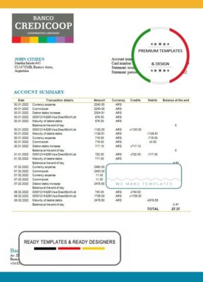 Argentina Banco Credicoop bank statement template in Word and PDF format