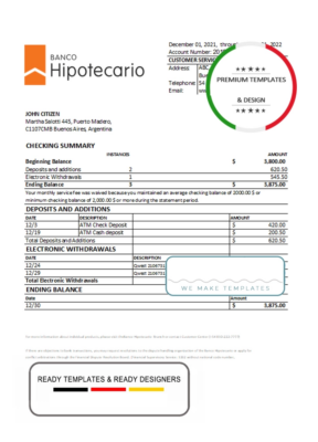 Argentina Banco Hipotecario bank statement template in Excel and PDF format