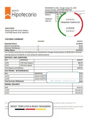 Argentina Banco Hipotecario bank statement template in Word and PDF format