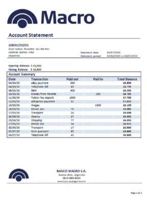 Argentina Banco Macro S.A. bank statement template in Word and PDF format