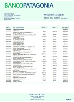 Argentina Banco Patagonia bank statement template in Word and PDF format