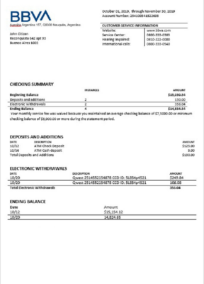 Argentina BBVA proof of address bank statement template in Word and PDF format (.doc and .pdf)