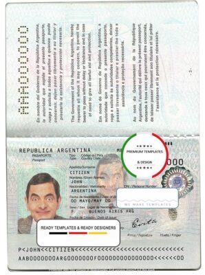 Argentina passport template in PSD format, fully editable, with all fonts