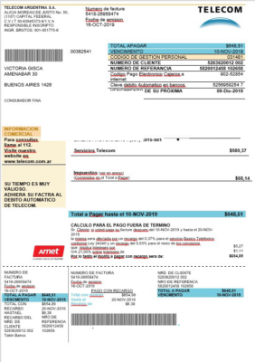 Argentina Telecom utility bill template in .doc and .pdf format fully editable, good for address prove