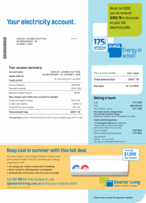 Australia AGL electricity utility bill template, fully editable in PSD format