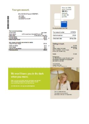 Australia AGL gas utility bill template in Word and PDF format