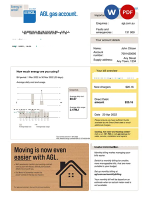 Australia AGL gas utility bill Word and PDF template, version 2