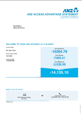 Australia ANZ Access Advantage Bank Account Statement Template in Word & PDF formats – 5 pages