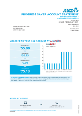 Australia ANZ Progress Saver Bank Account Statement Template in Word & PDF formats – 5 pages