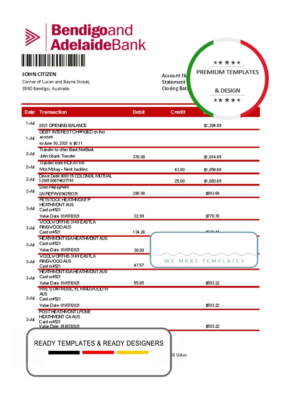 Australia Bendigo and Adelaide Bank bank statement template in Excel and PDF format