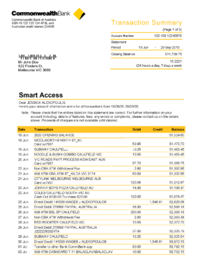 Australia Commonwealth Bank Account Statement Template in Word & PDF formats – 5 pages