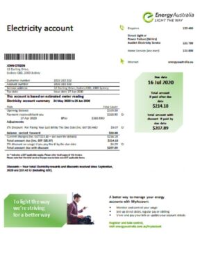 Australia Energy Australia electricity utility bill template in Word and PDF format