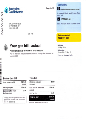 Australia gas utility bill template fully editable in PSD format