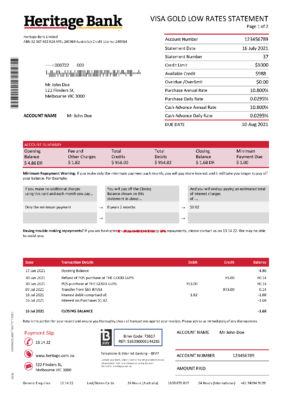 Australia Heritage Bank Account Statement Template in Word & PDF formats – 2 pages